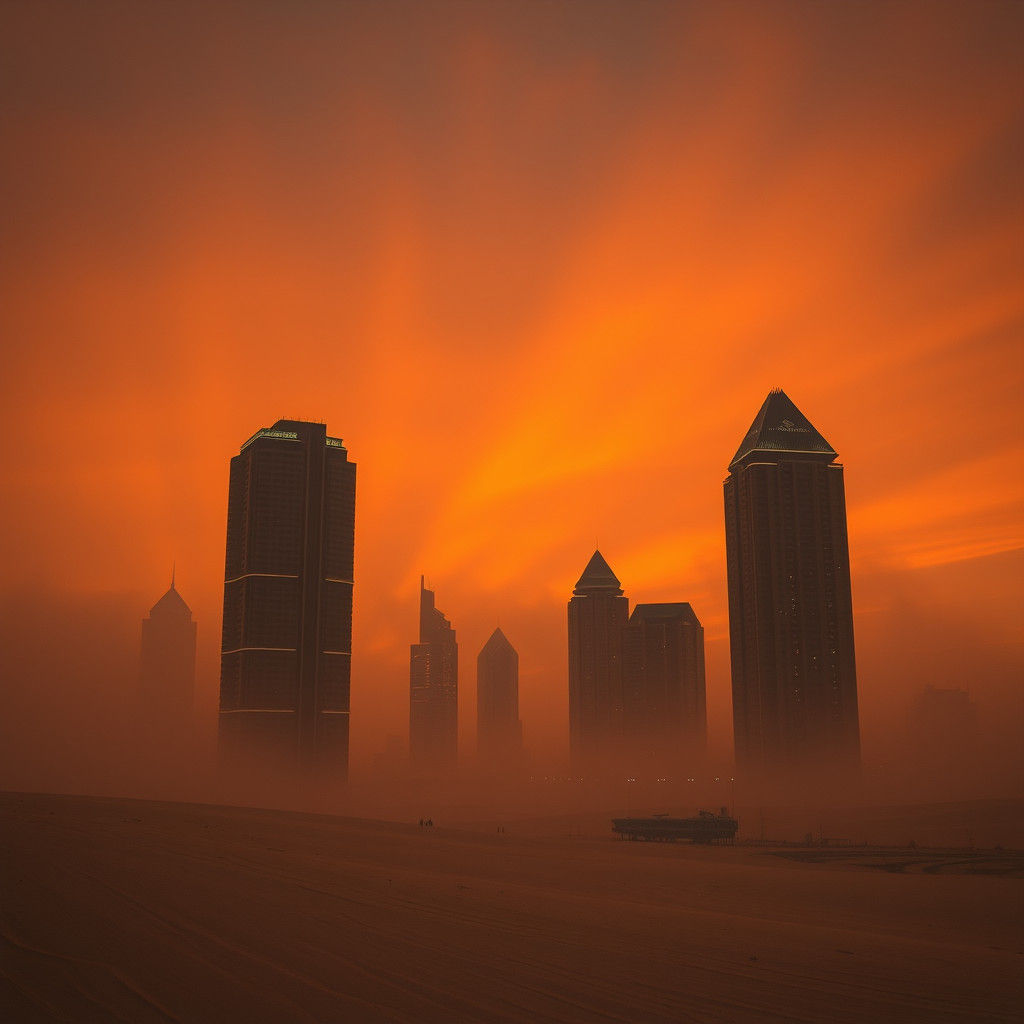 Arid Desert Sandstorm with Distant Cityscape