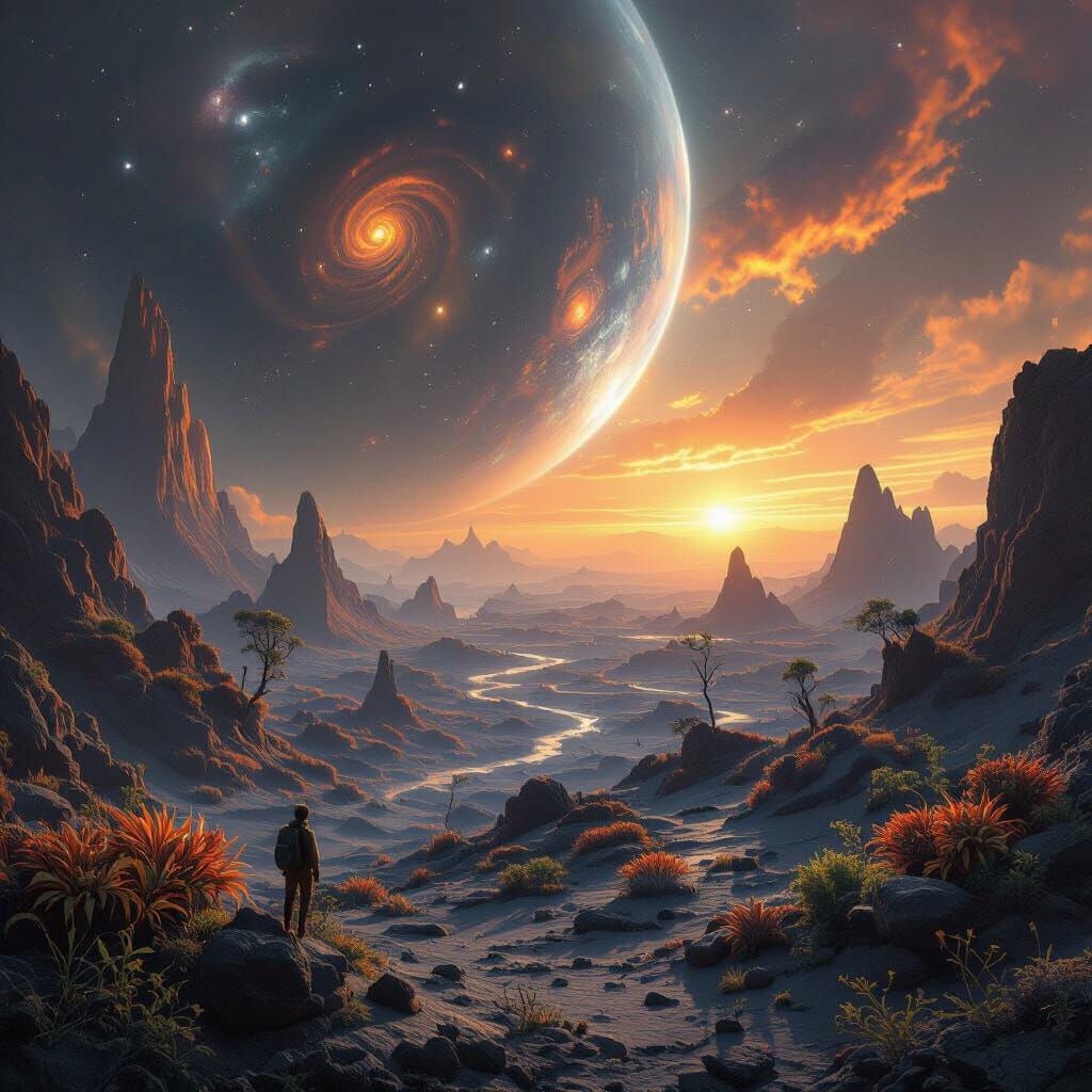 Alien Cosmos: Surreal Planet with Bizarre Flora and Galactic...