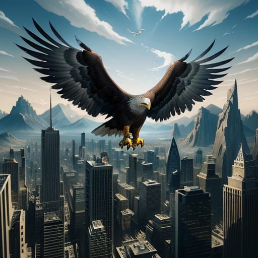 Colossal Eagle Over Futuristic City in Photorealistic Style