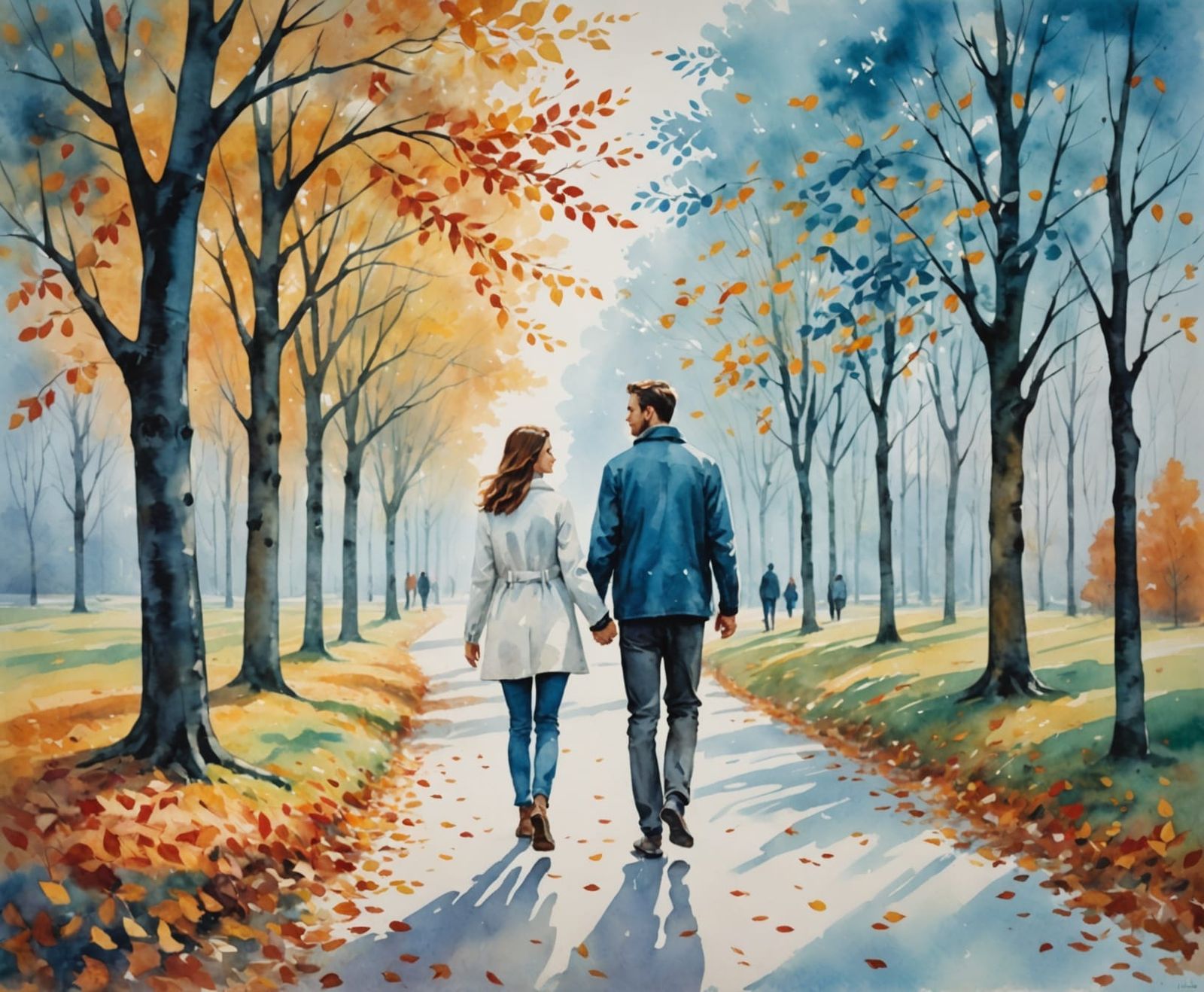 Loving Couple in Autumn Park, Neo-Impressionist Style