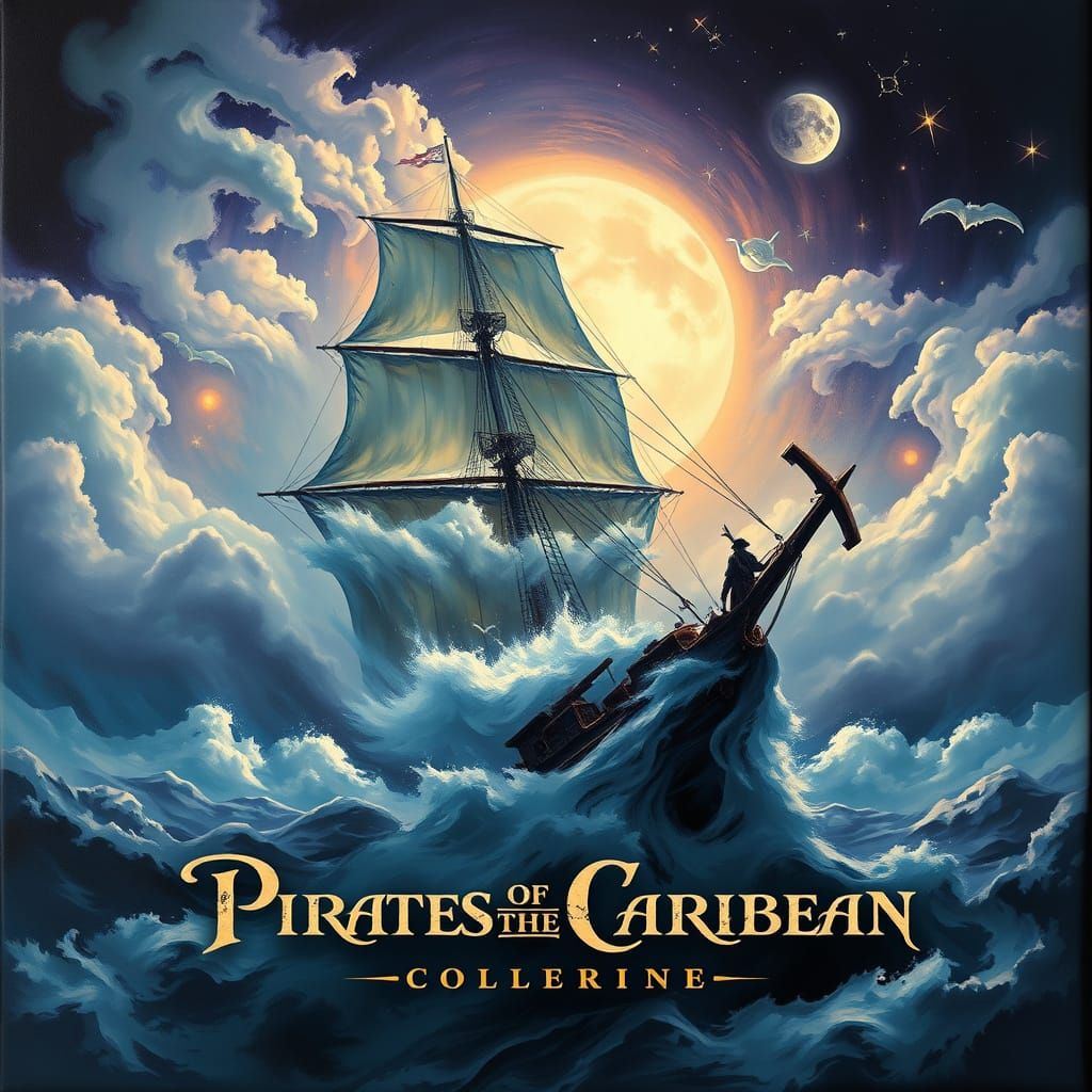 Surreal Pirate Dreamscape: Ghostly Ship in Opalescent Clouds