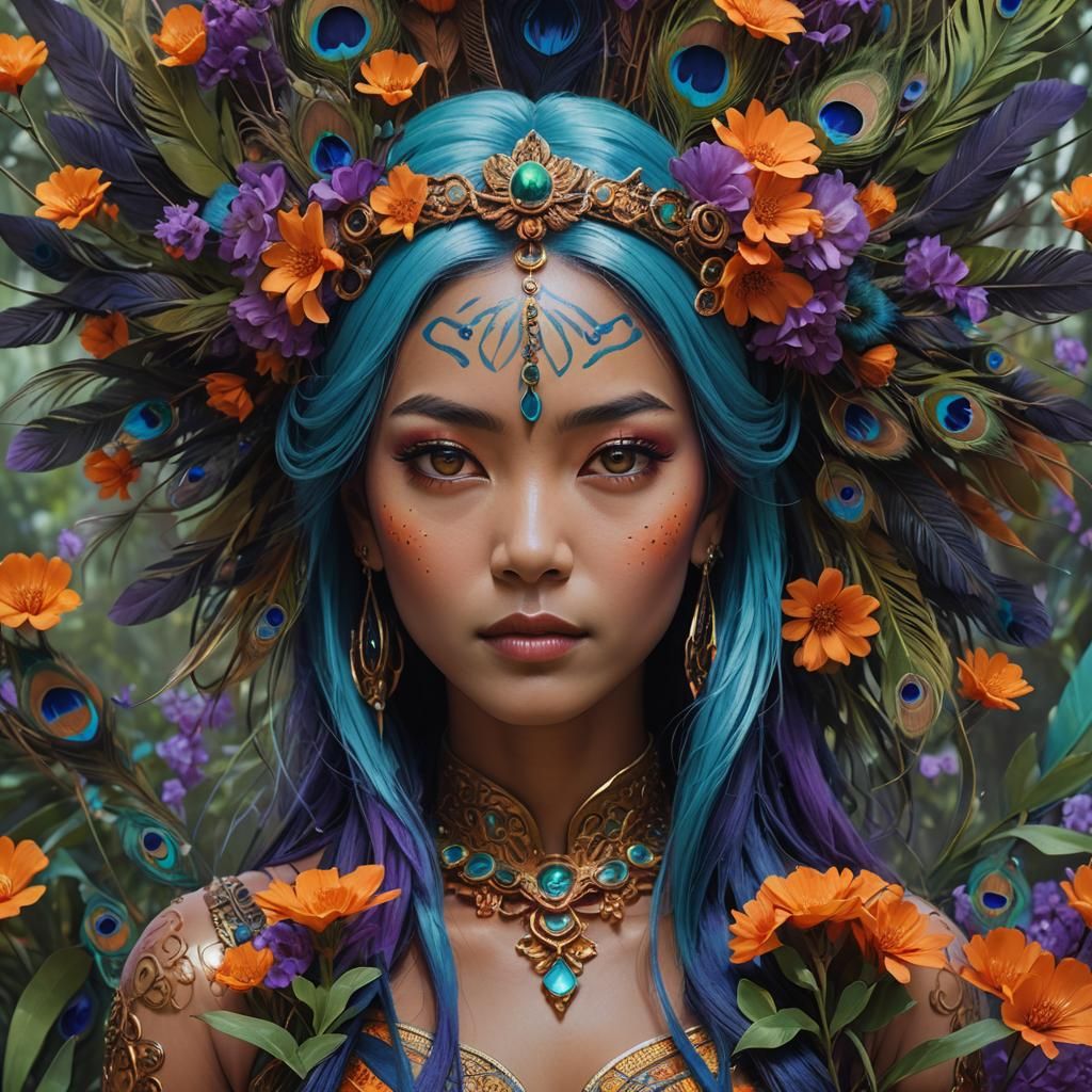 Asian Woman with Peacock Feathers, Syd Mead Inspired