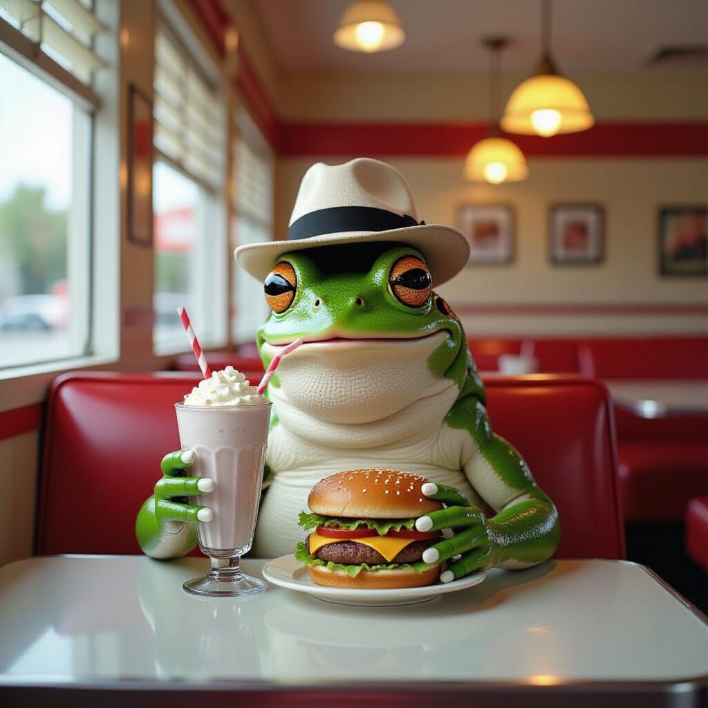 Anthropomorphic Frog Enjoys Diner Meal in Vintage Style