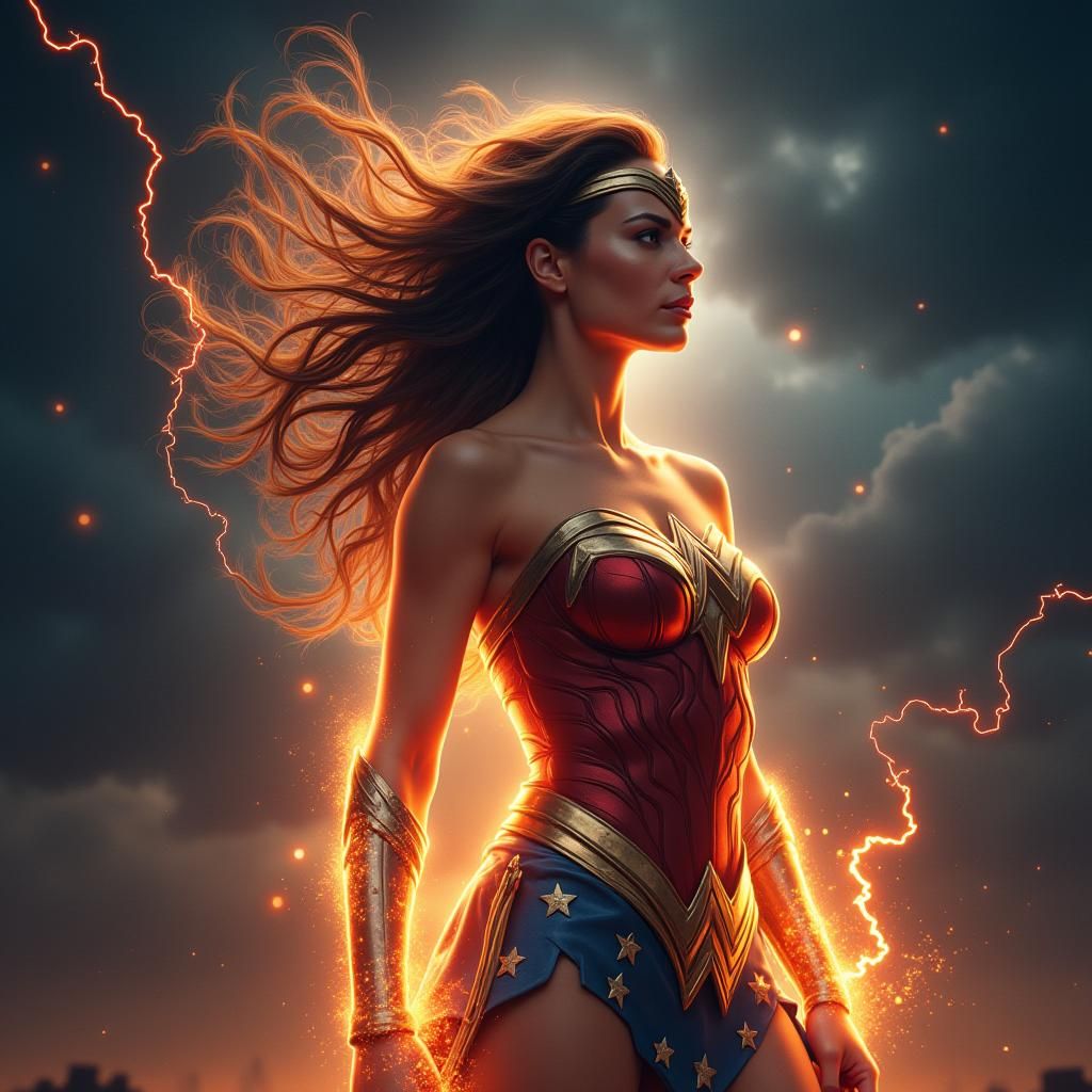 Radiant Wonder Woman in Stormy Sky