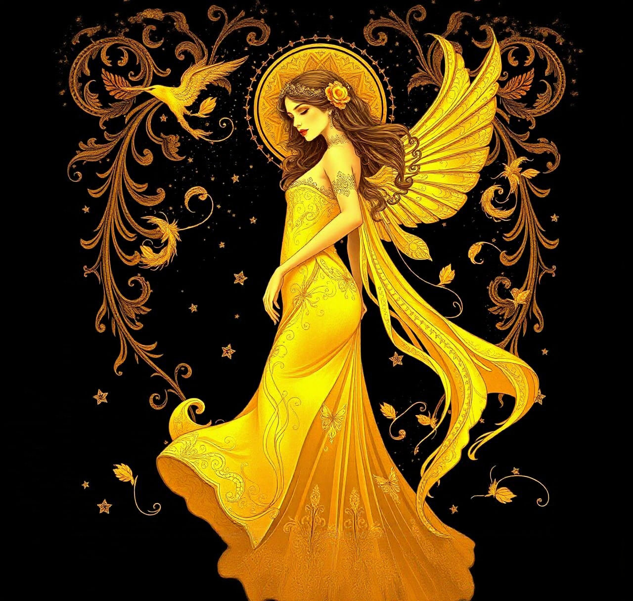 Ethereal Bioluminescent Maiden with Golden Filigree Designs