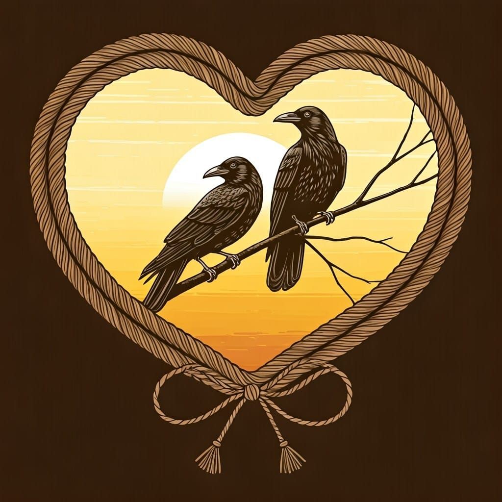 Rustic Heart Frame with Yellow Sunset and Perched Crows