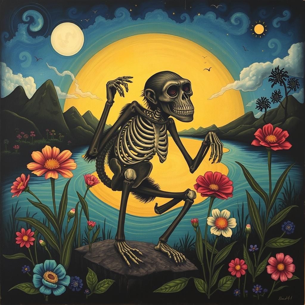 Nightmarish Dream with Monkey and Skeleton Flowers
