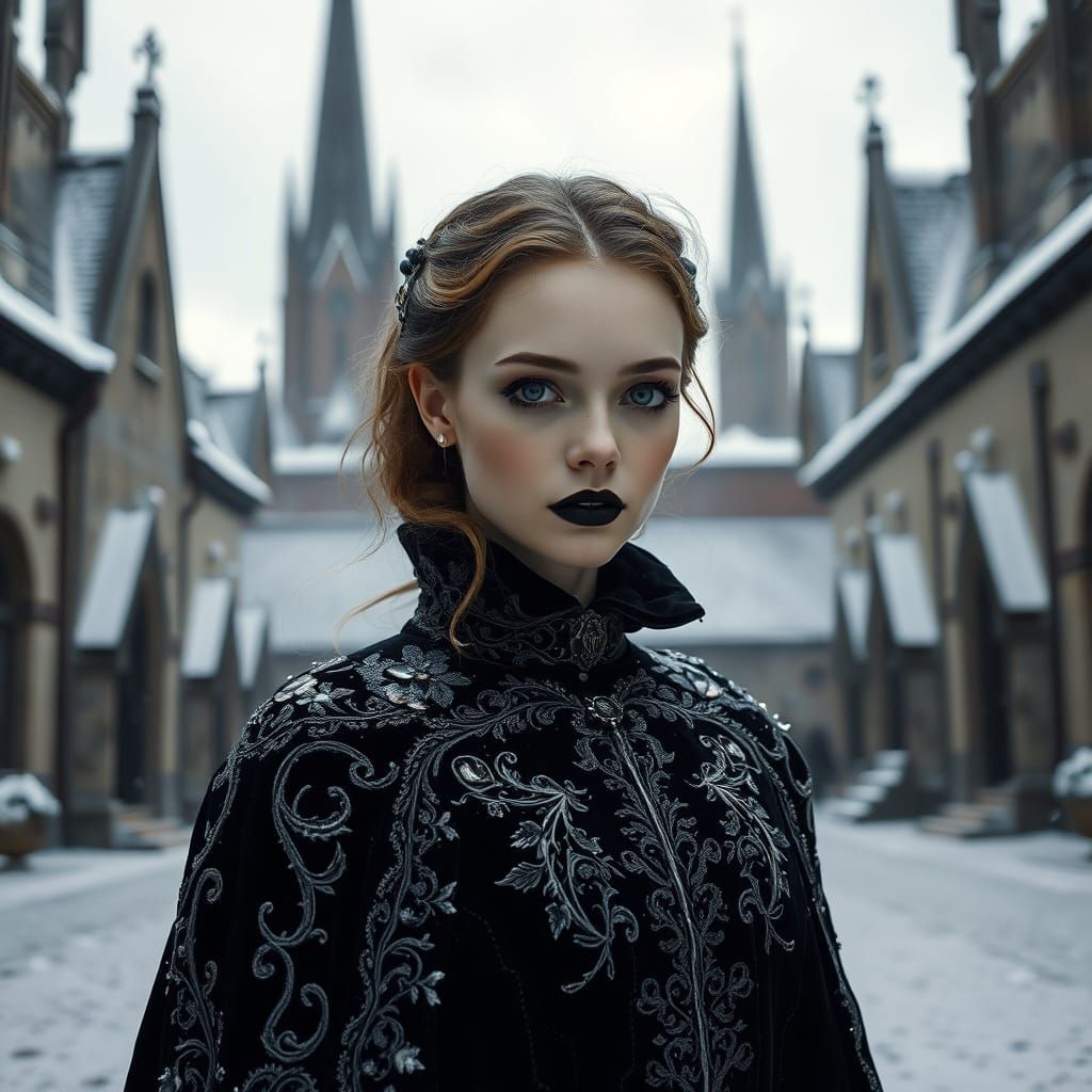 Gothic Woman in Snowy Victorian Courtyard