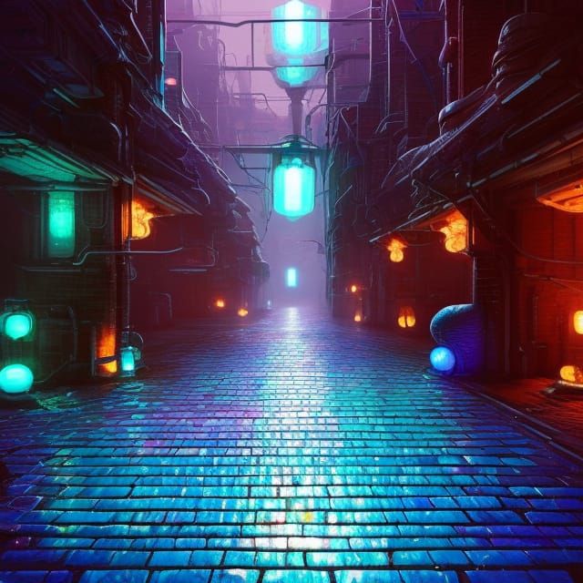 Sci-Fi City with Blue Brick Road: Iridescent Concept Art