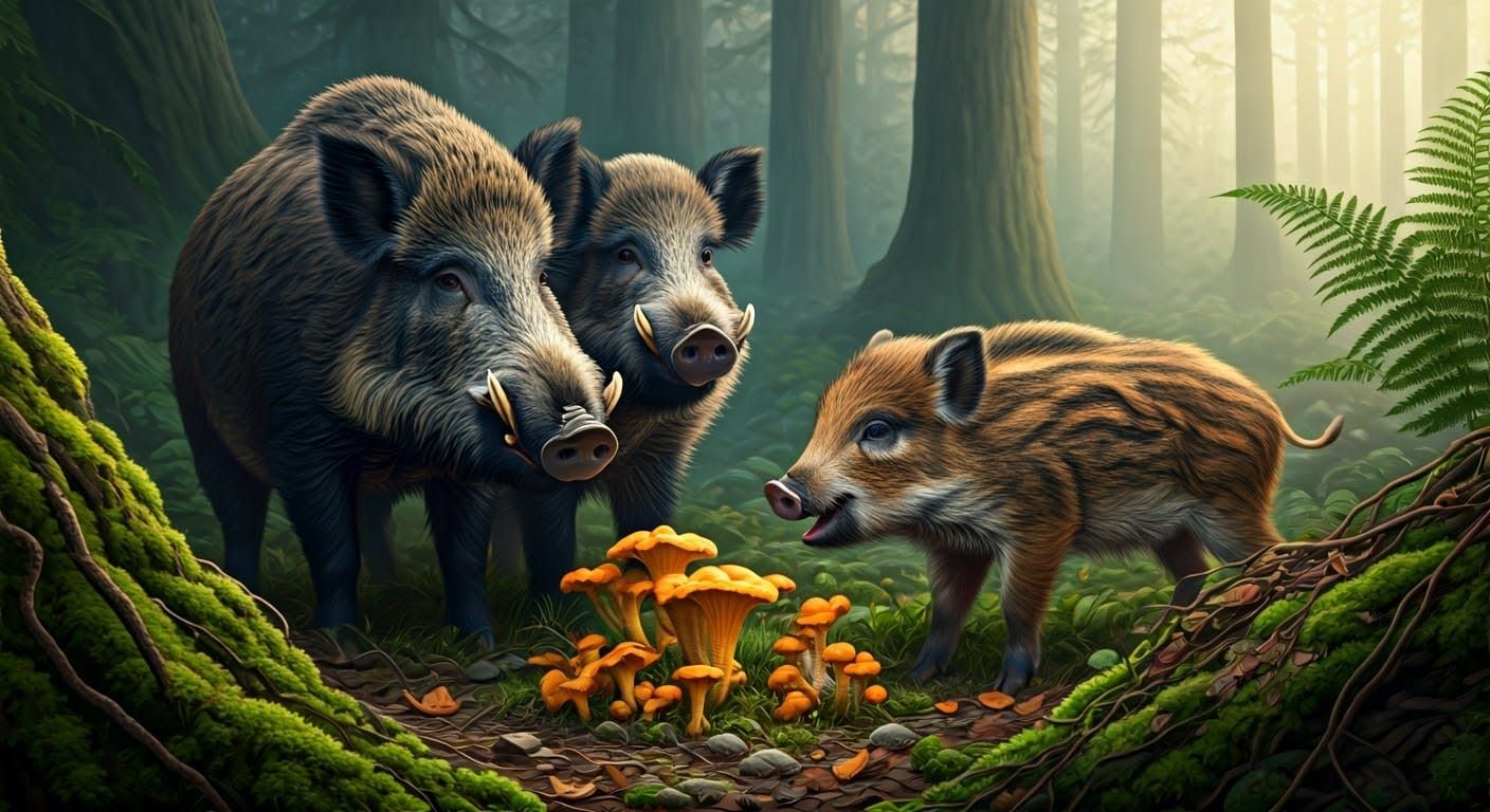 Wild Boars Discover Chanterelle Mushrooms in Enchanted Fores...