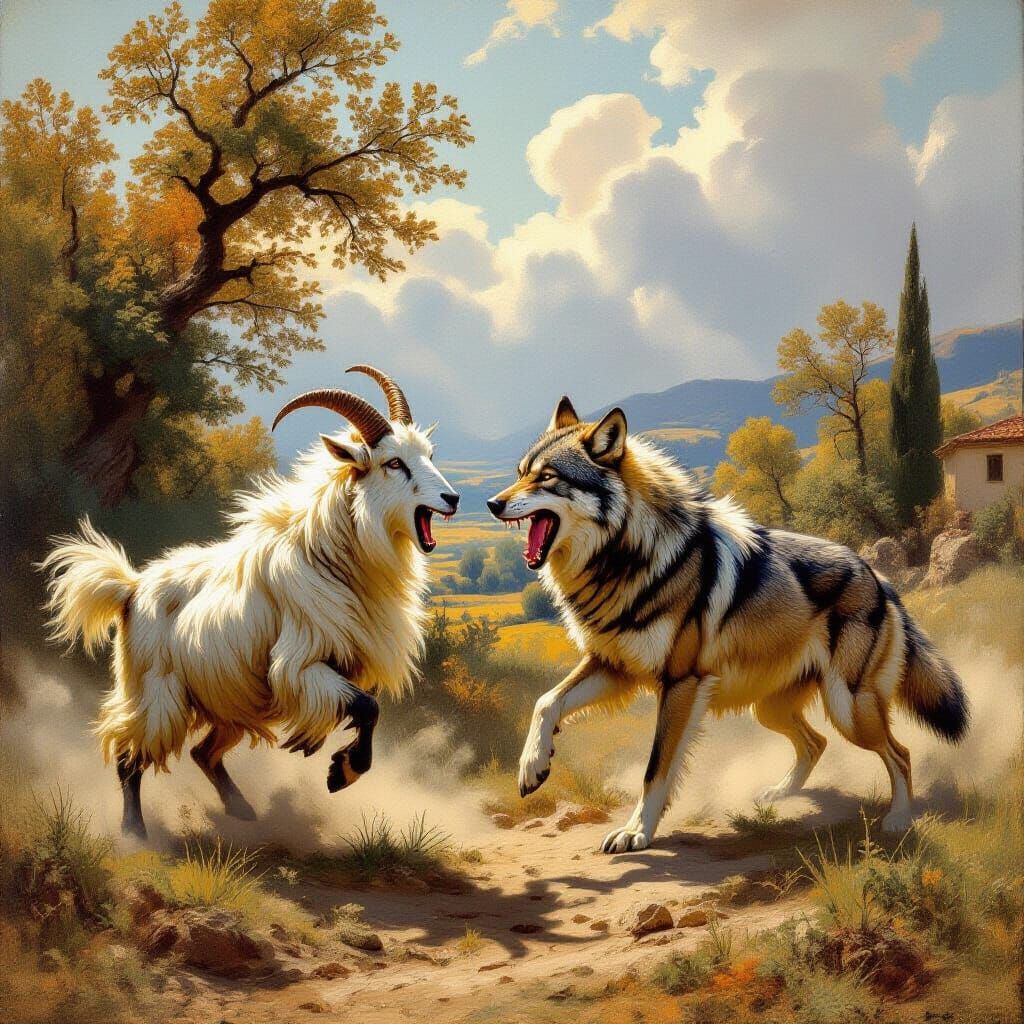 Goat versus Wolf in Provençal Landscape, Fragonard Style