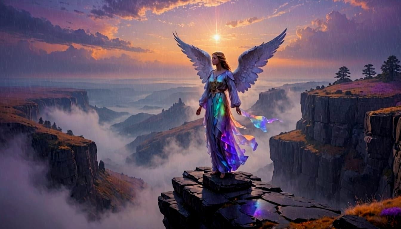 Holographic Angel on Foggy Cliff Overlooking Heavenly Landsc...