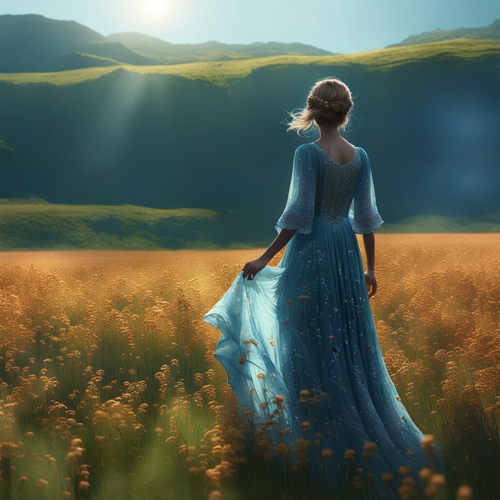 Woman in Flowing Dress in Sunny Field