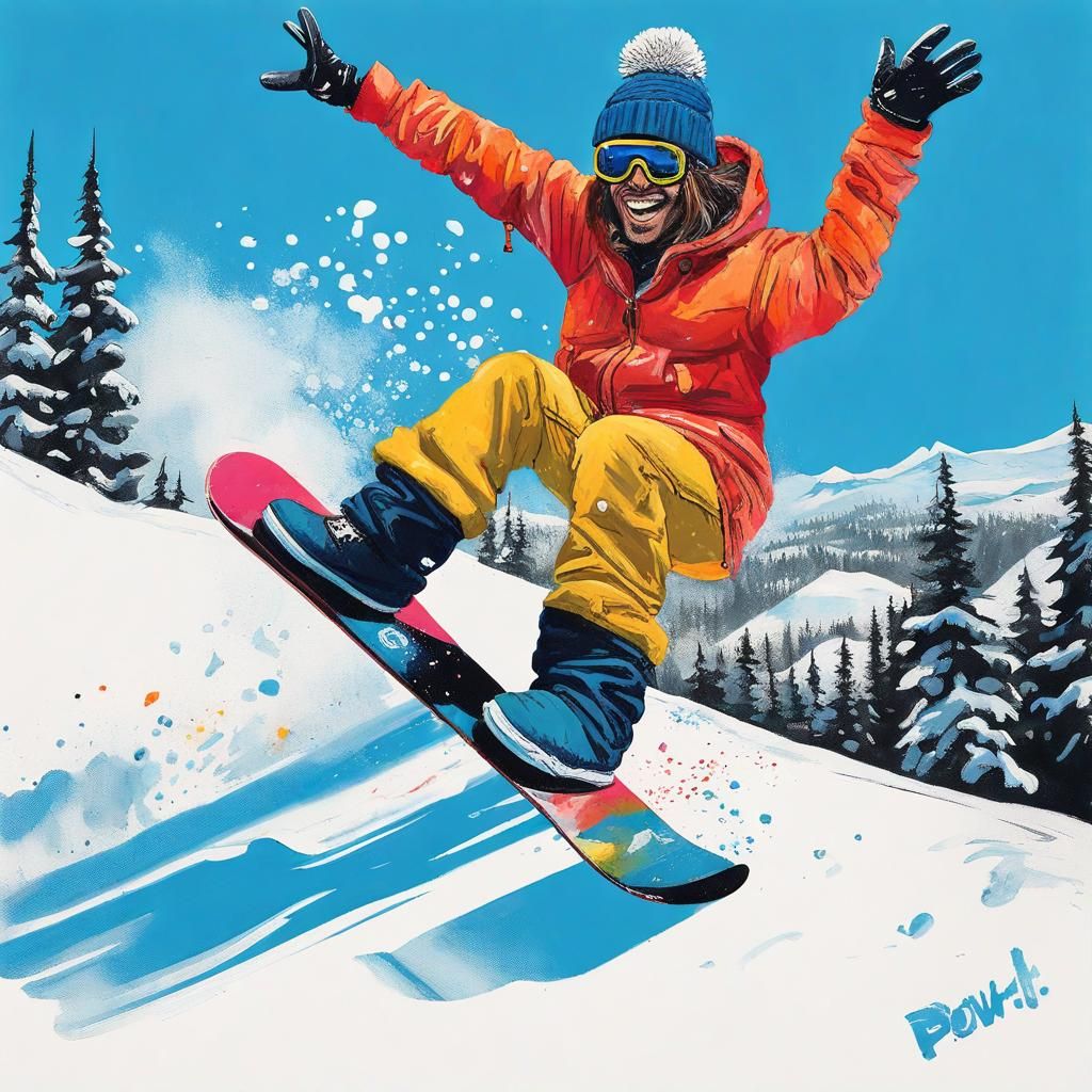 Snowboarder's Joyful Powder Day in Pop-Art Style