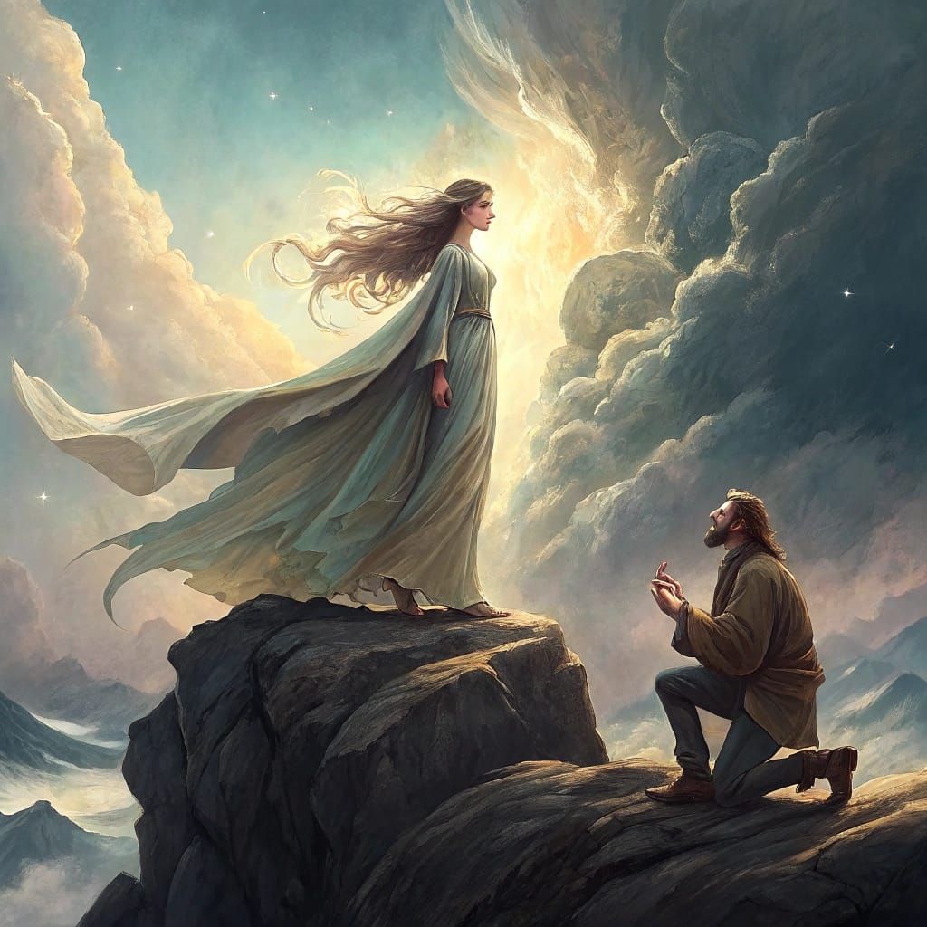 Wind Goddess Receives Ring in Gouache Style