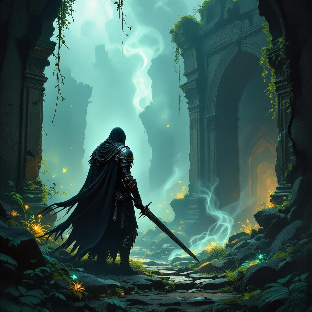 Dark Fantasy Knight in Bioluminescent Temple Ruins