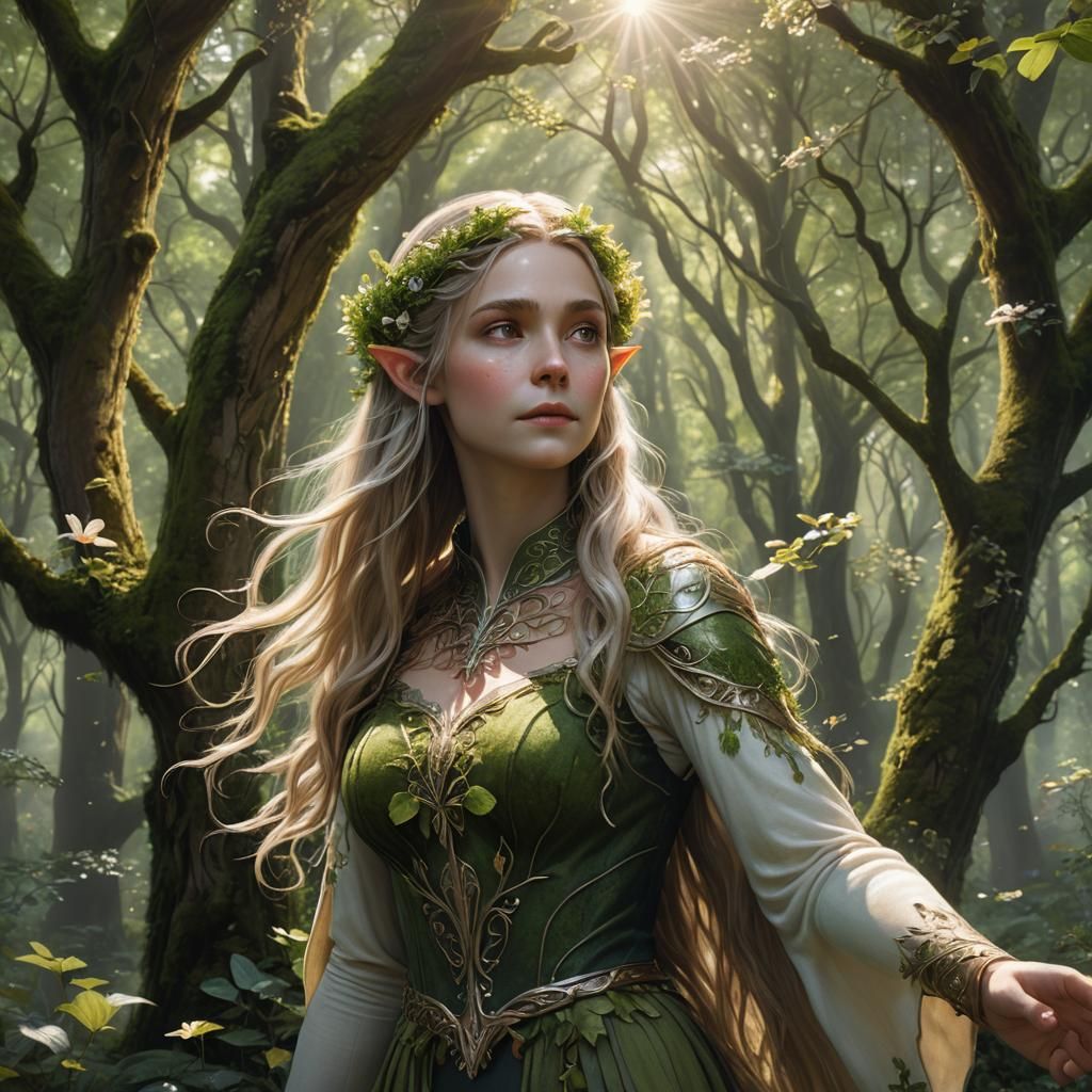 Enchanting Elf in Magical Forest, Photorealistic Art