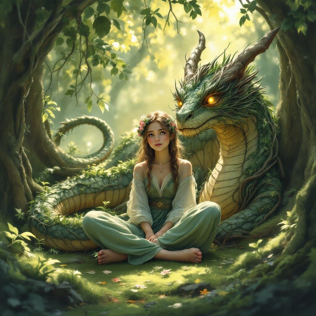 Teenage Girl and Forest Dragon in Enchanted Woods