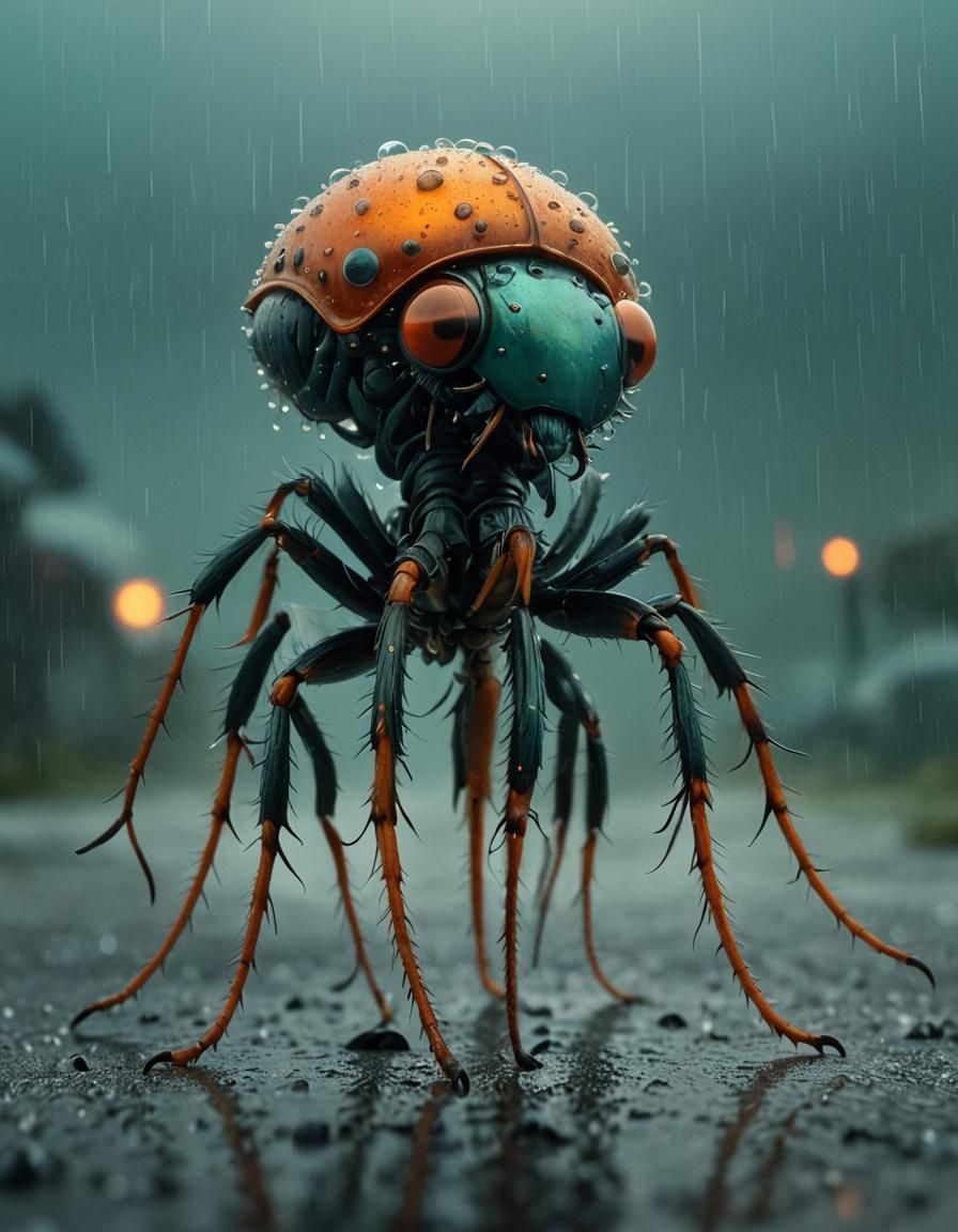 Flea in Rain: Hyperrealistic Surrealist Close-Up