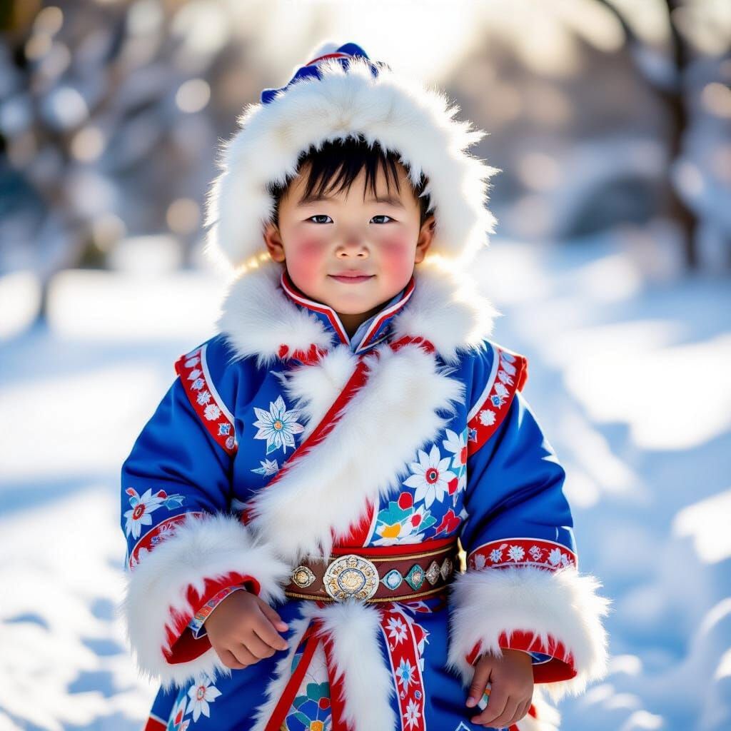 Adorable Mongolian Boy in Traditional Attire in Snowy Landsc...