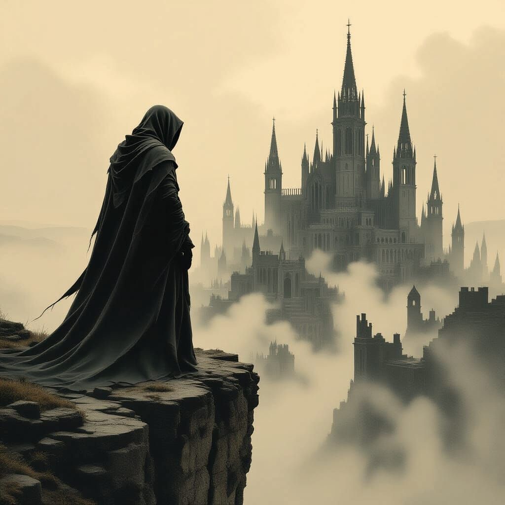 Gothic Figure Overlooking Forgotten City in Dark Surrealism
