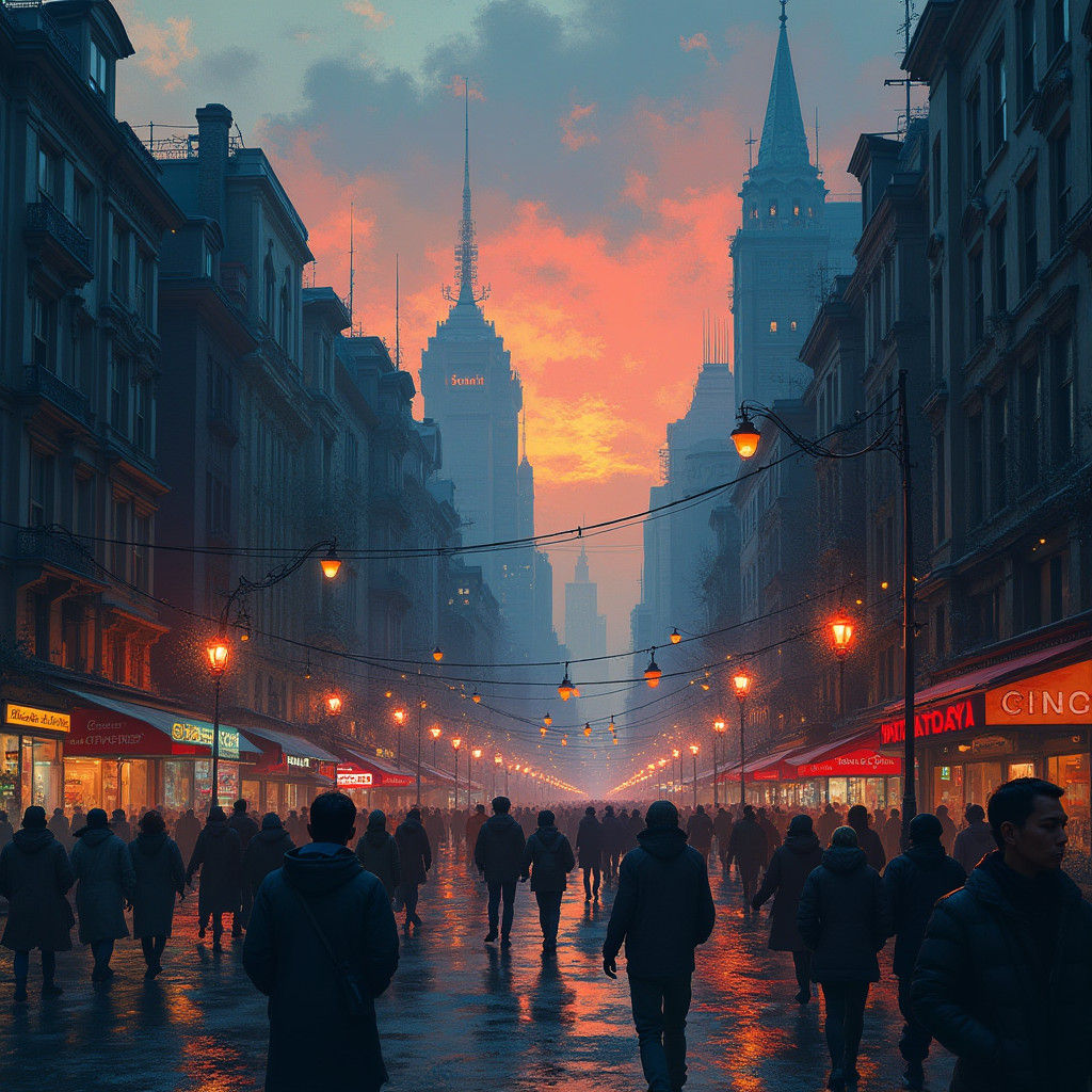 Cityscape at Dusk in Dynamic Digital Painting Style