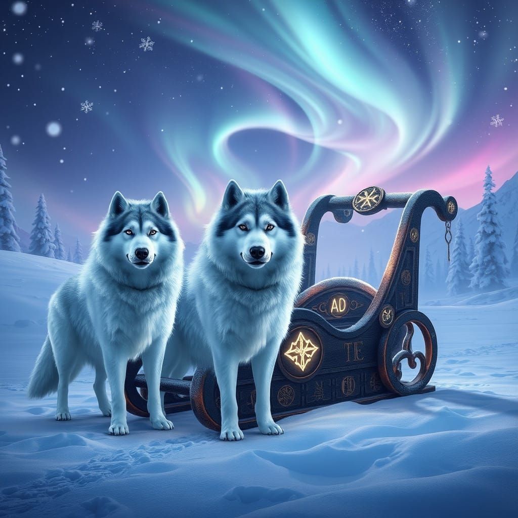 Majestic Snow Dogs Stand Beside Intricately Carved Wooden Sl...