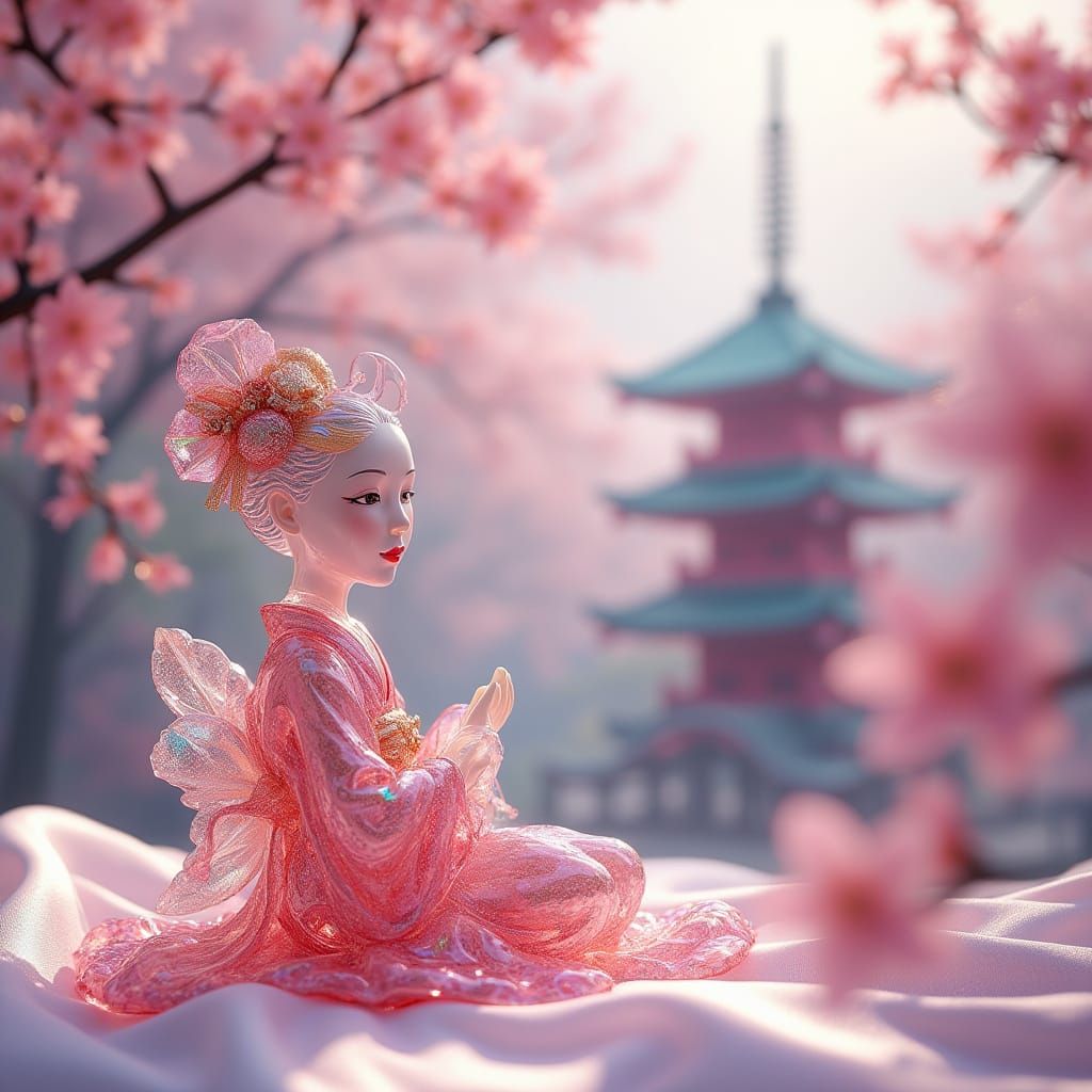 Ethereal Glass Geisha in Japanese Garden Setting