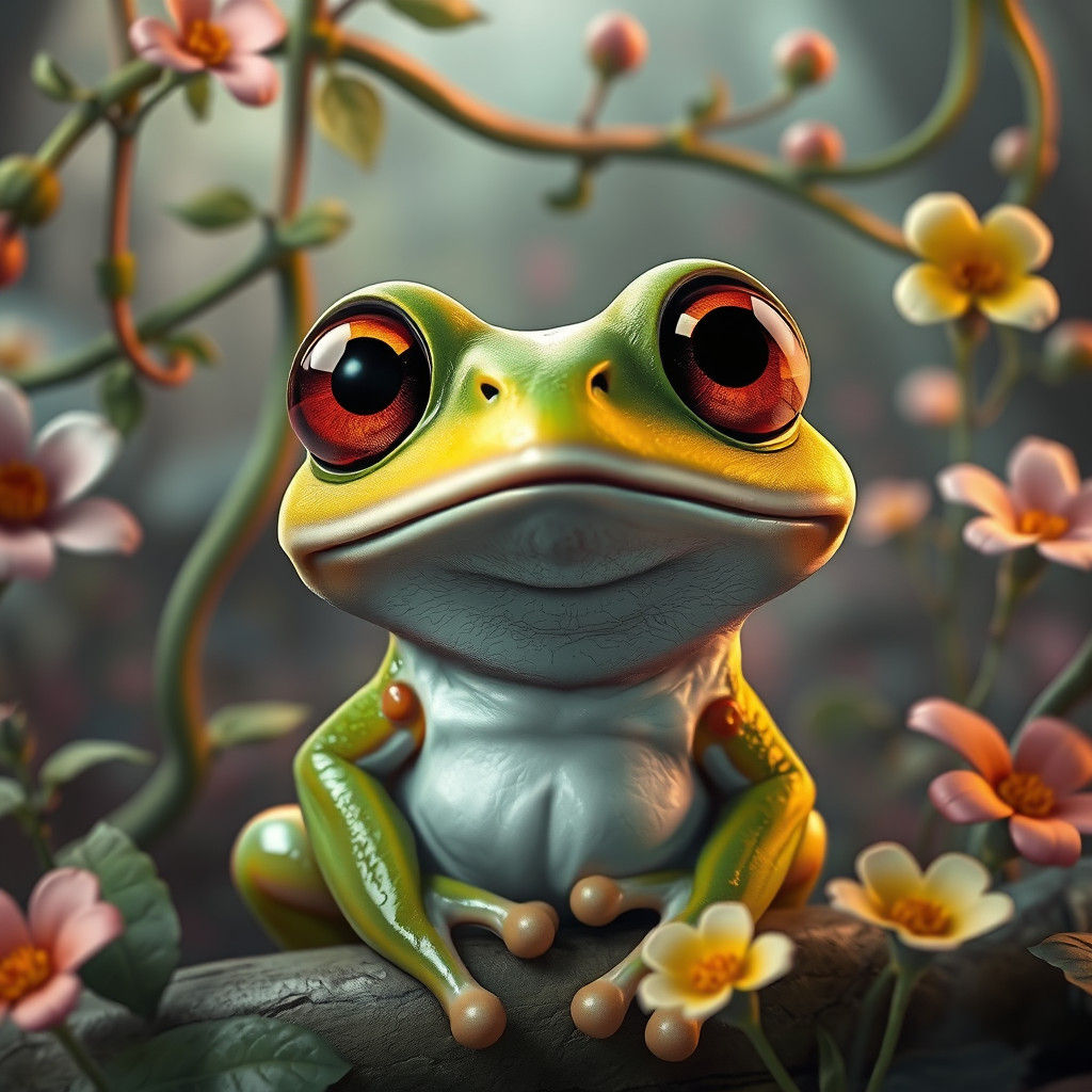 Iridescent Frog in Lush Fantasy Landscape, Matte Painting