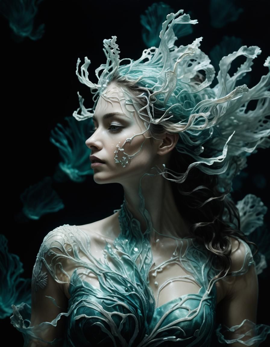 Underwater Portrait with Flowing Fabrics, Hyperrealistic Sty...