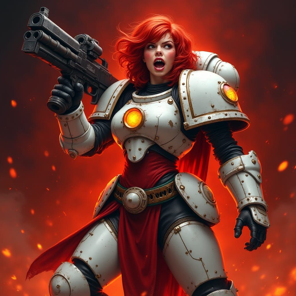 Space Marine Woman in Fiery Warhammer 40k Scene