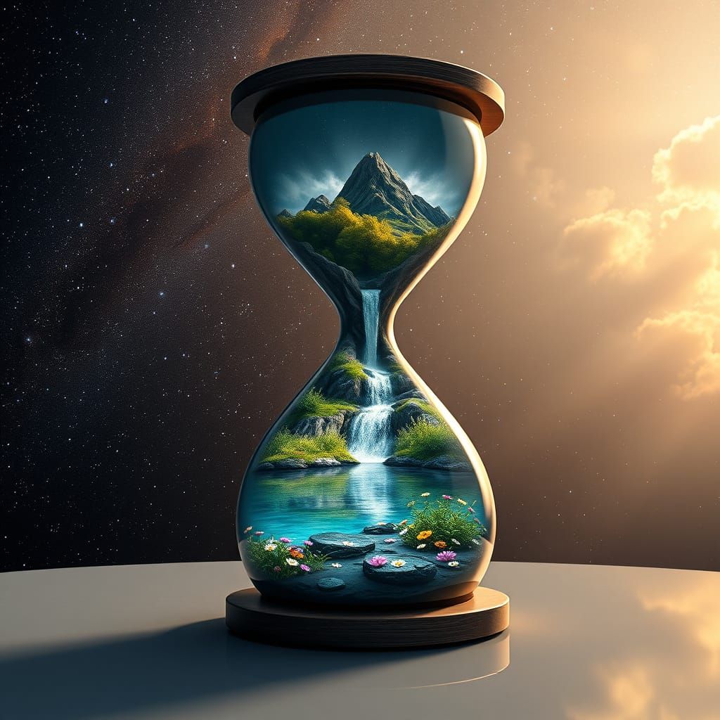 Surreal Hourglass Landscape with Cascading Waterfall and Cos...
