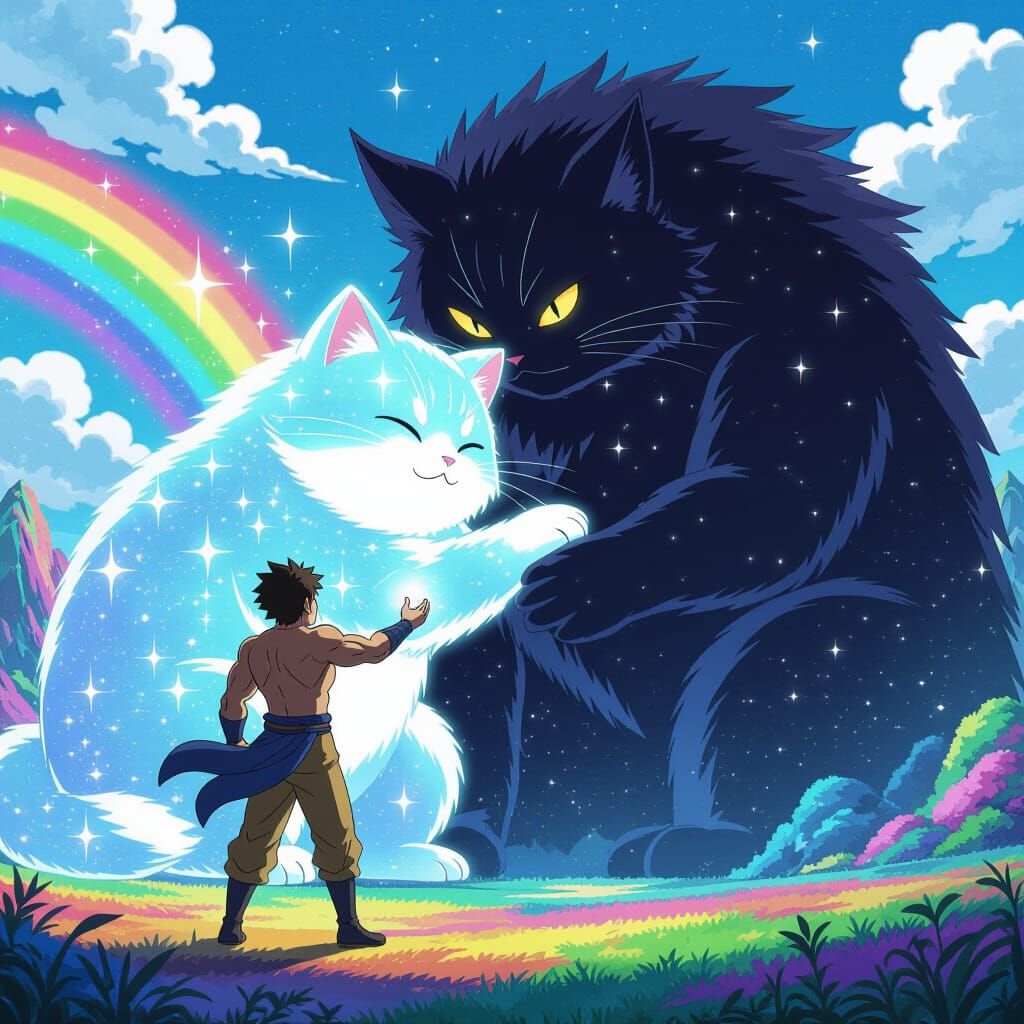 Anime Scene: Muscular Hero Cuddles Starlight Cat with Monste...