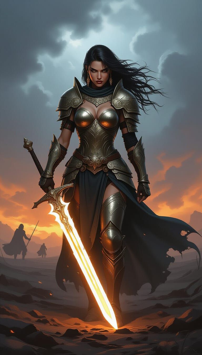 Warrior Woman on Desolate Battlefield in Stormy Sky