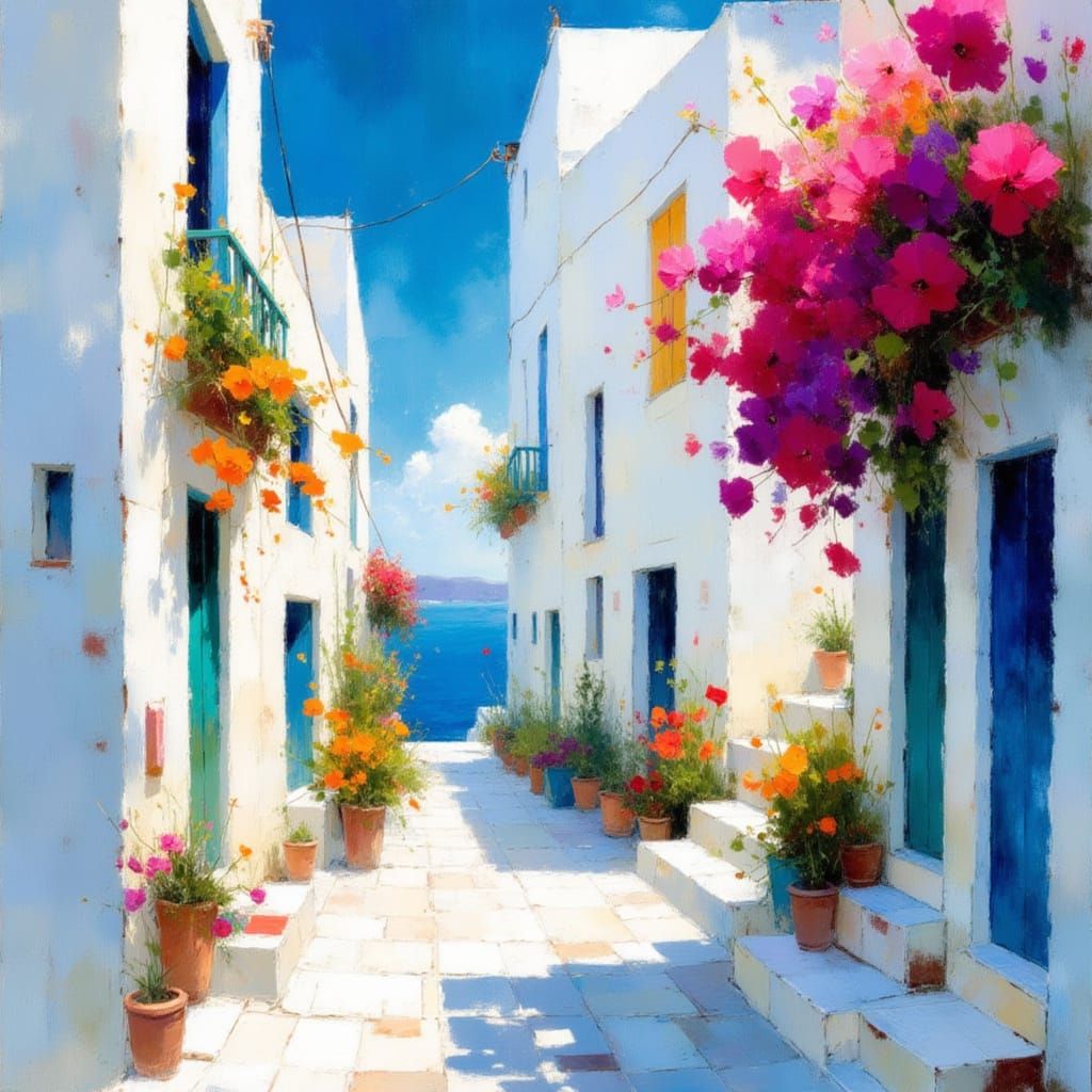 Pastel Santorini Street Scene in Storybook Style