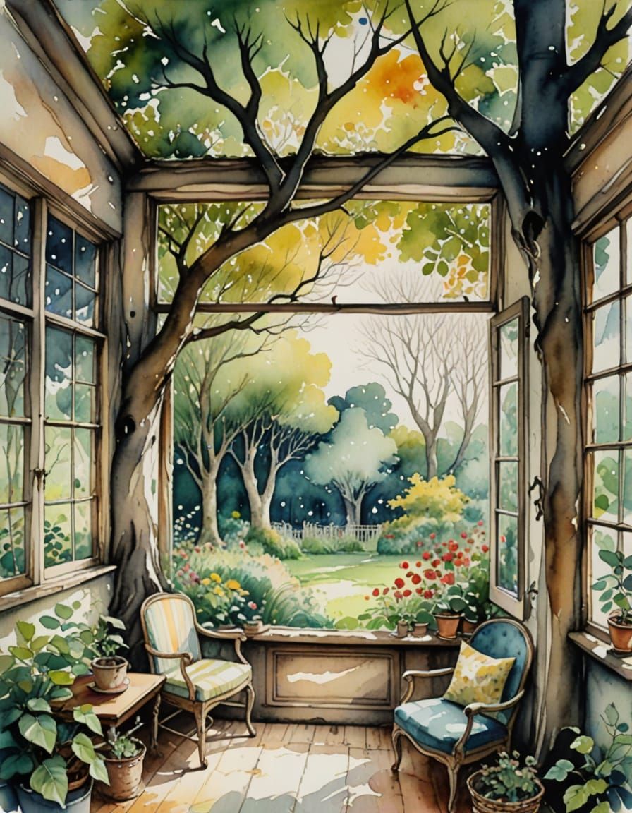 Whimsical Cottage Scene Through Tree Canopy