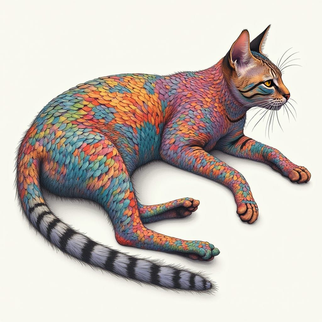 Cat with Escher-Style Fish and Birds in Rainbow Colors