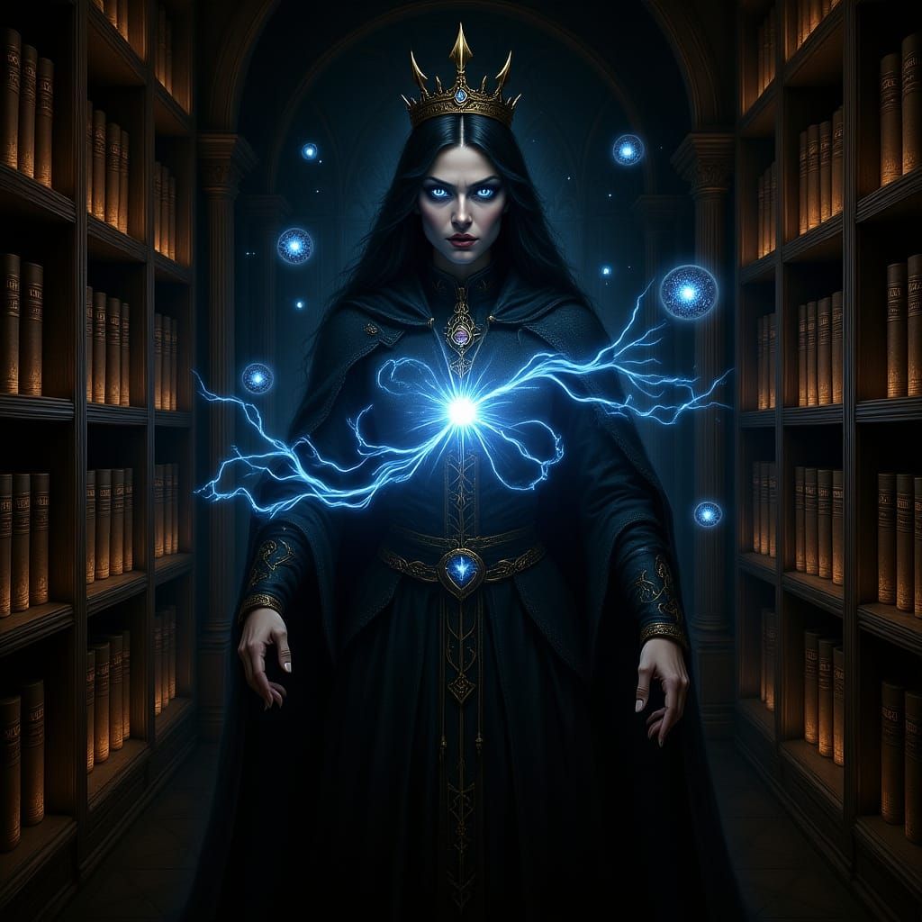 Sorceress Conjures Arcane Vortex in Ancient Study