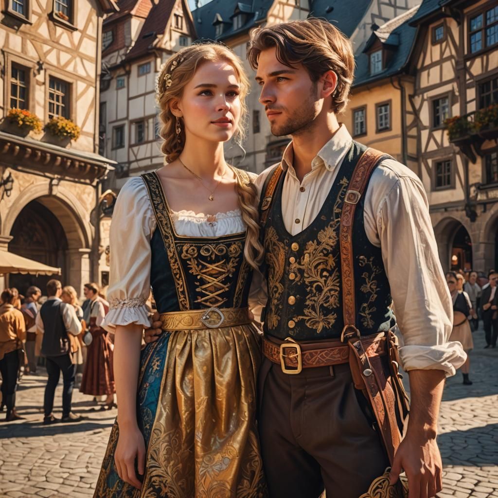 Bavarian Couple in Medieval Town Square: Fantasy Art
