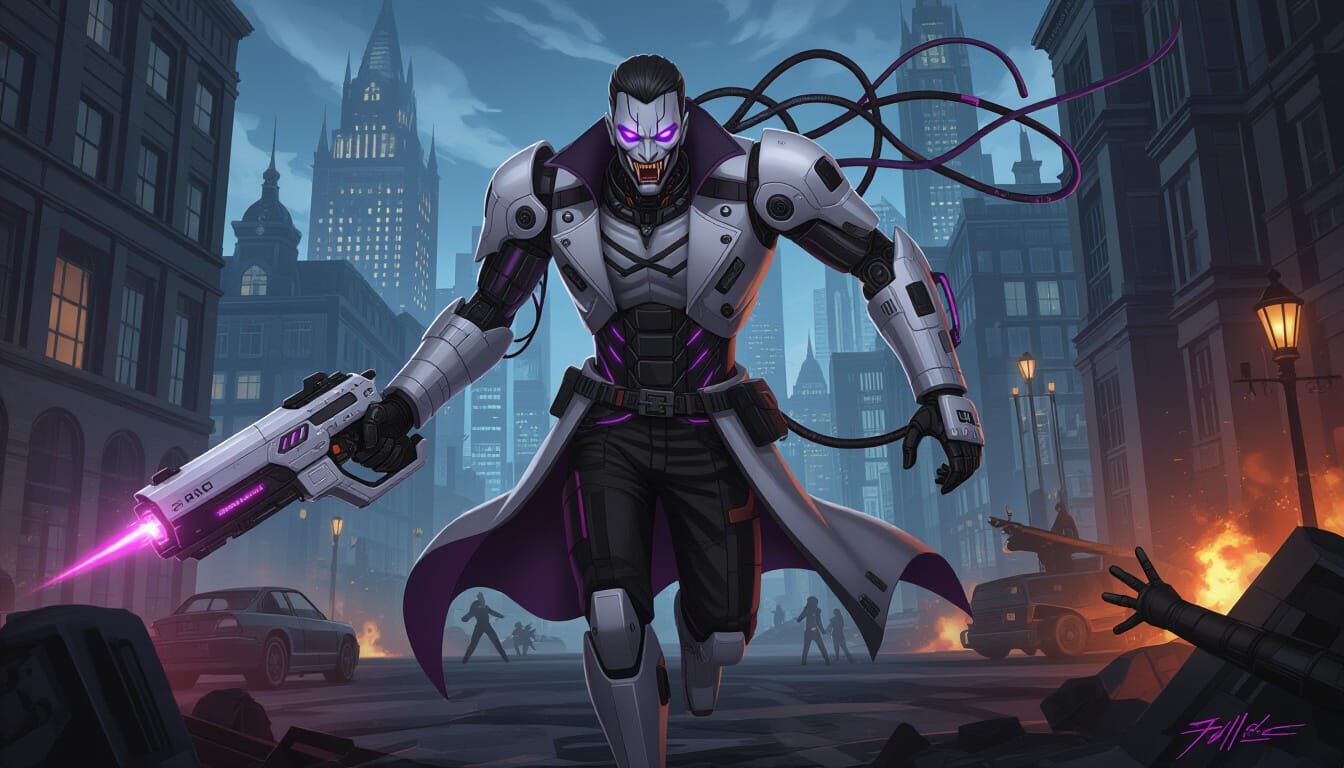 Cyberpunk Robot Vampire in Gothic Battlefield