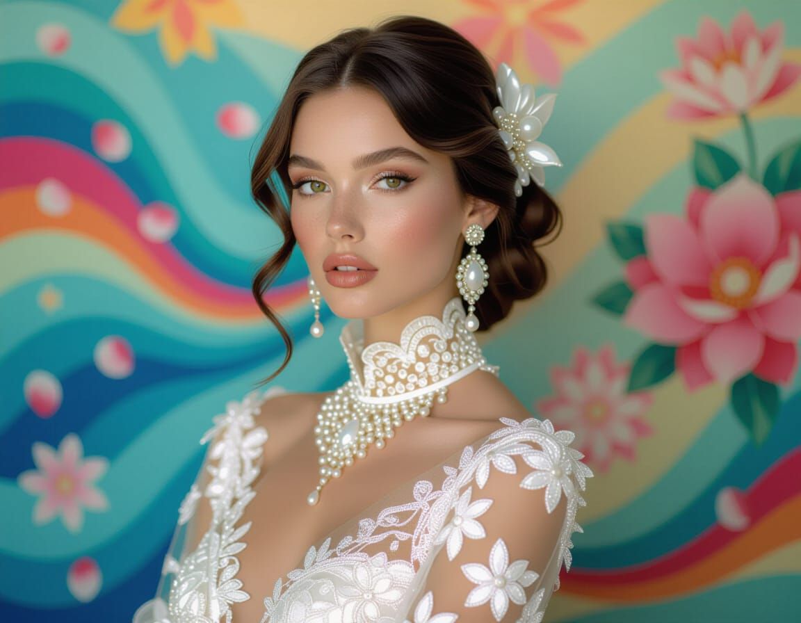 Woman in Silk and Lace with Pearl Threads