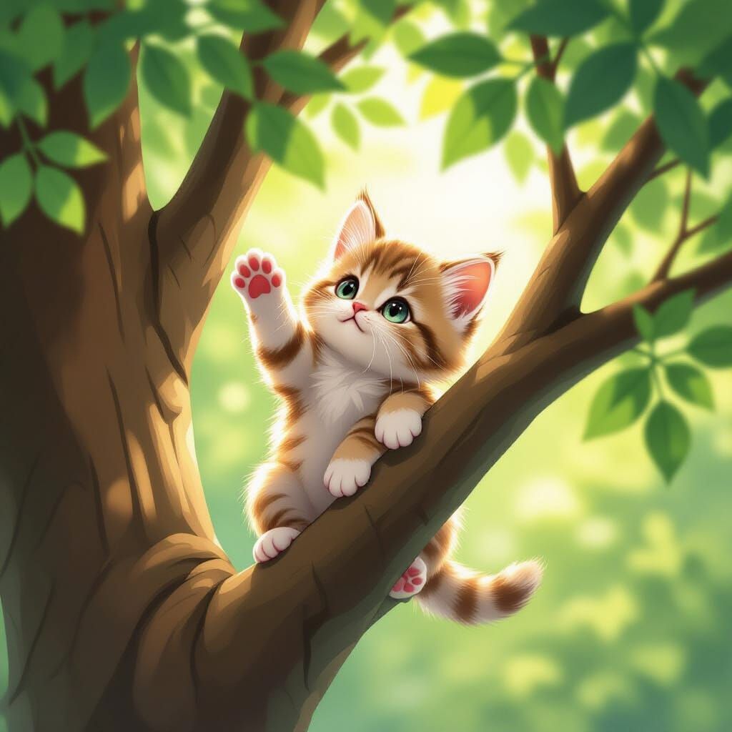 Fluffy Kitten Fails to Climb Tree in Anime Style
