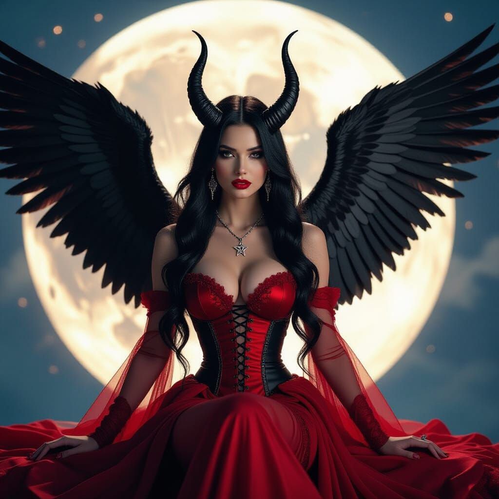 Goddess with Black Wings and Horns in Cosmic Scene