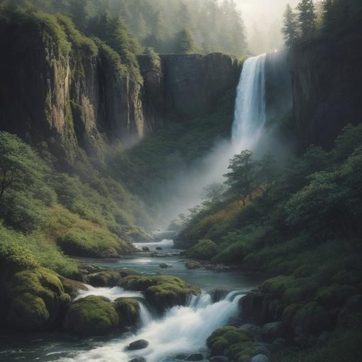 Majestic Waterfall Landscape in Realistic Painting Style