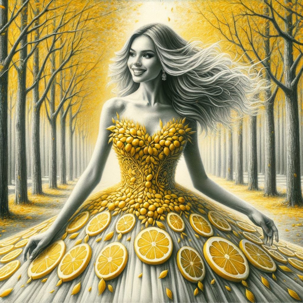 Lemon Princess in Autumnal Forest, Impasto Acrylic Painting