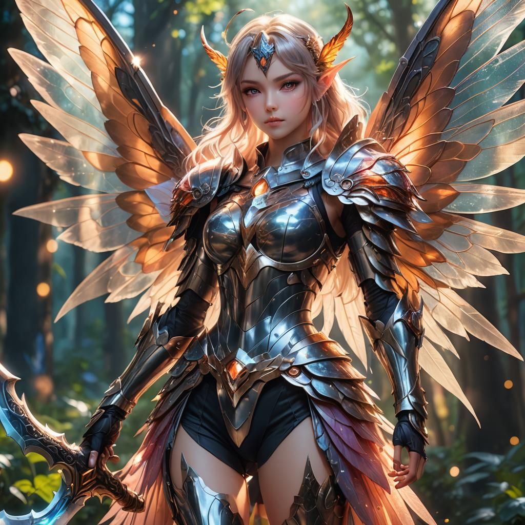 Anime Faerie Warrior in Steel Armor with Moth Wings