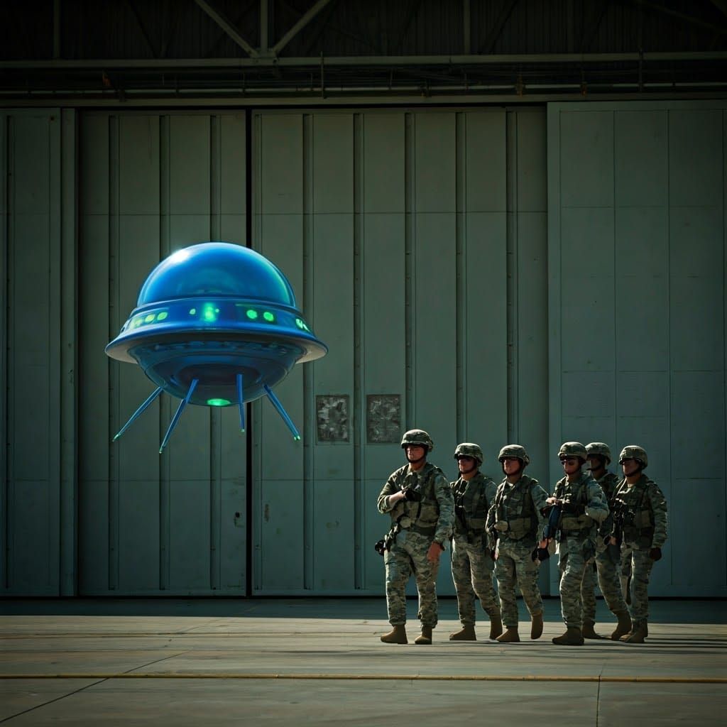 Iridescent Alien Probe Floats Past Airforce Hangar