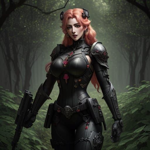 Princess Peach in Tactical Gear Amidst Art Nouveau Woodland