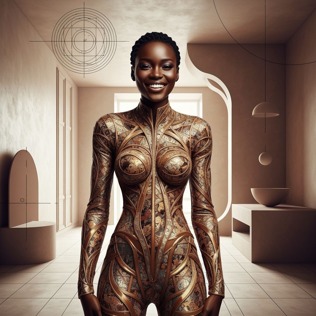 Smiling Woman in Abstract Clothing, Cubist Photorealism