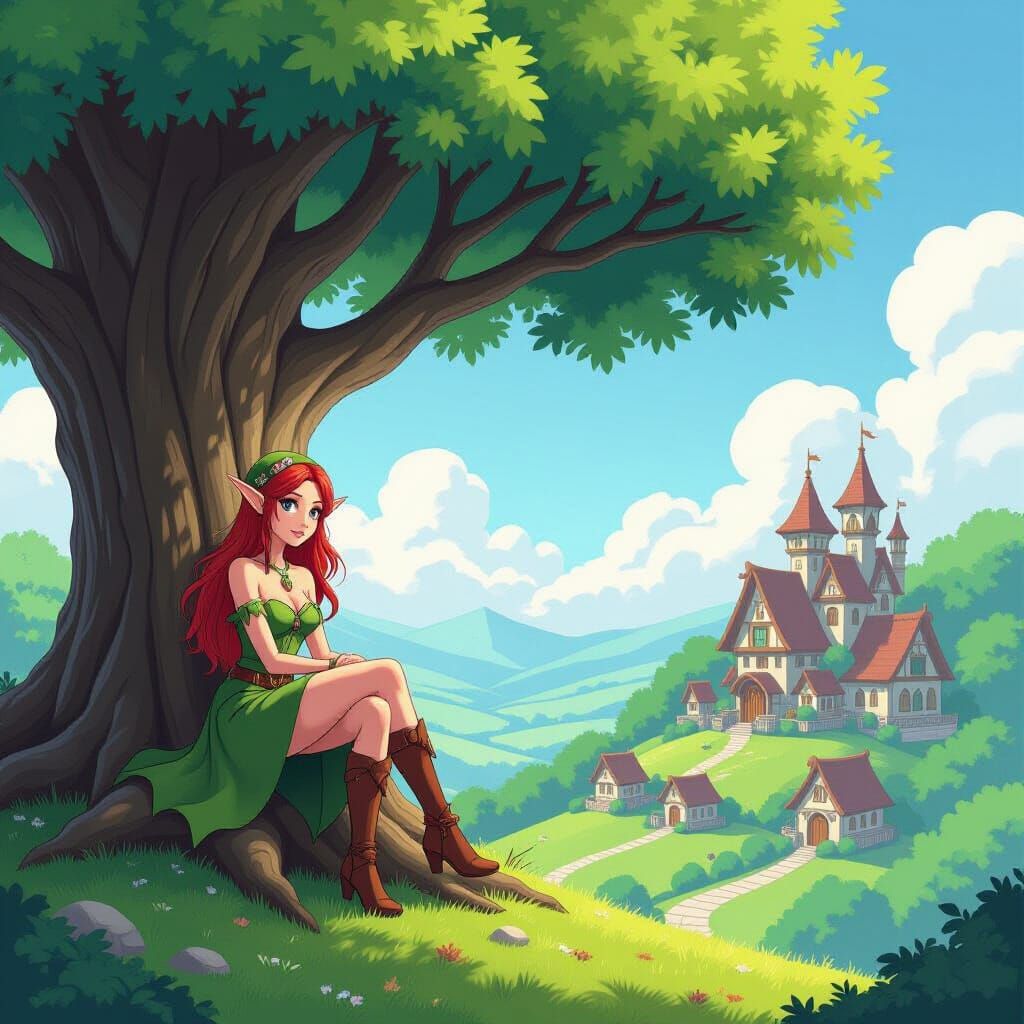 Elf Woman in Anime Style Overlooking Magical Village